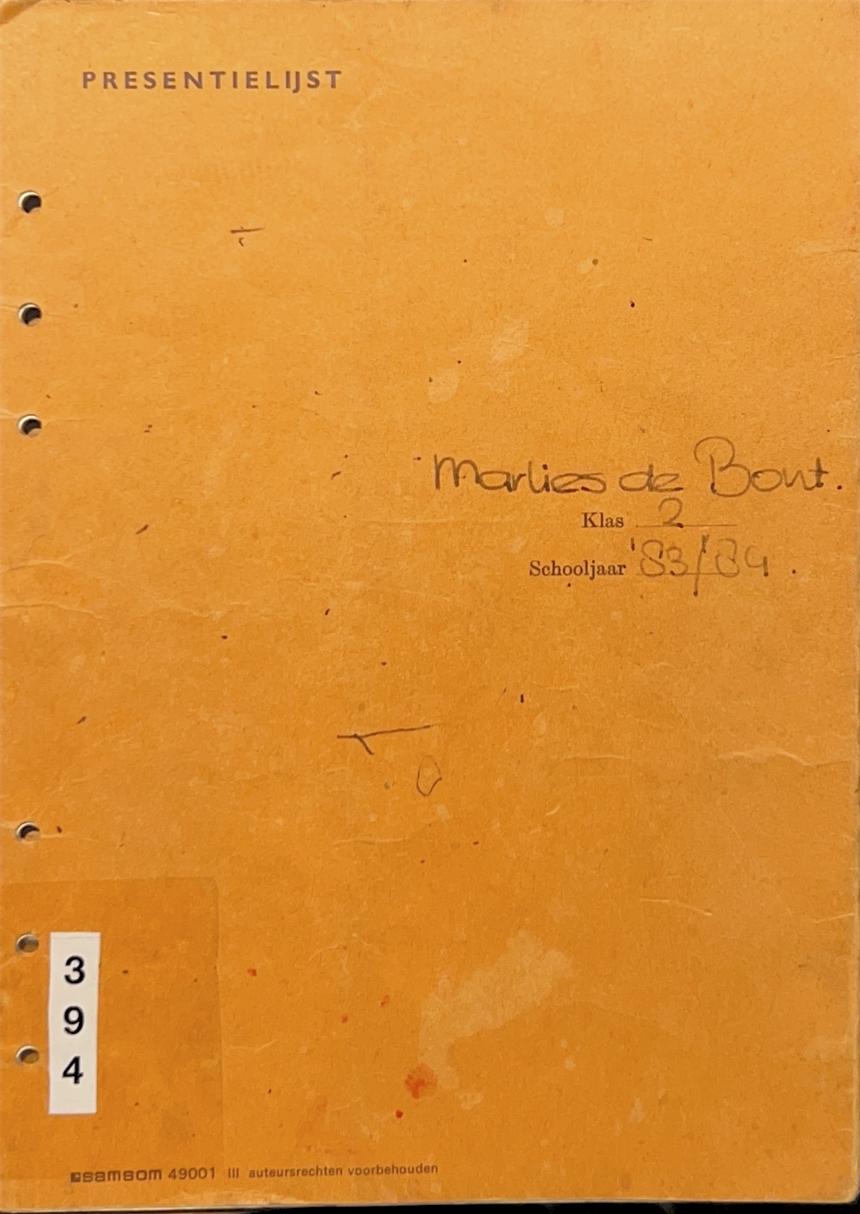 Kaft van Marlies de Bont Presentielijst '83/'84