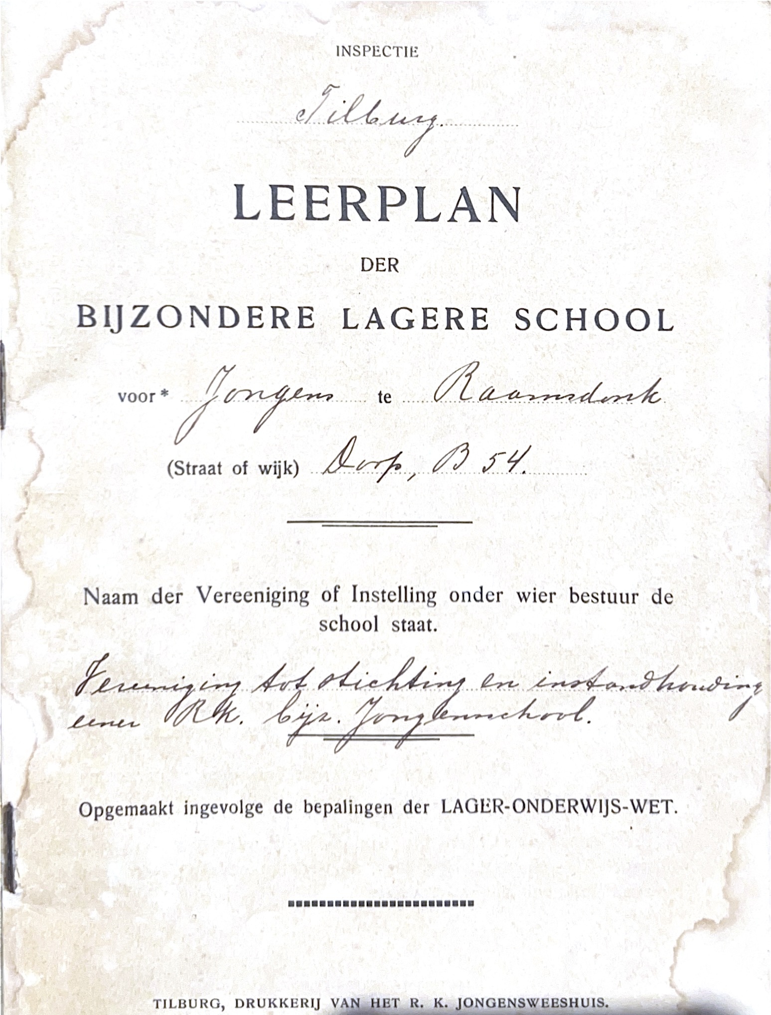 Kaft van Leerplan der Bijzondere Lagere School voor jongens te Raamsdonk